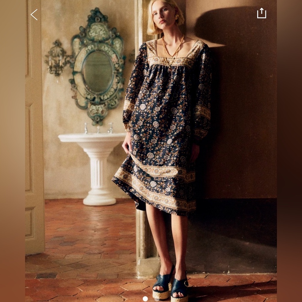 Sézane Keisha Boho Floral Navy and Gold Midi Dress NWT